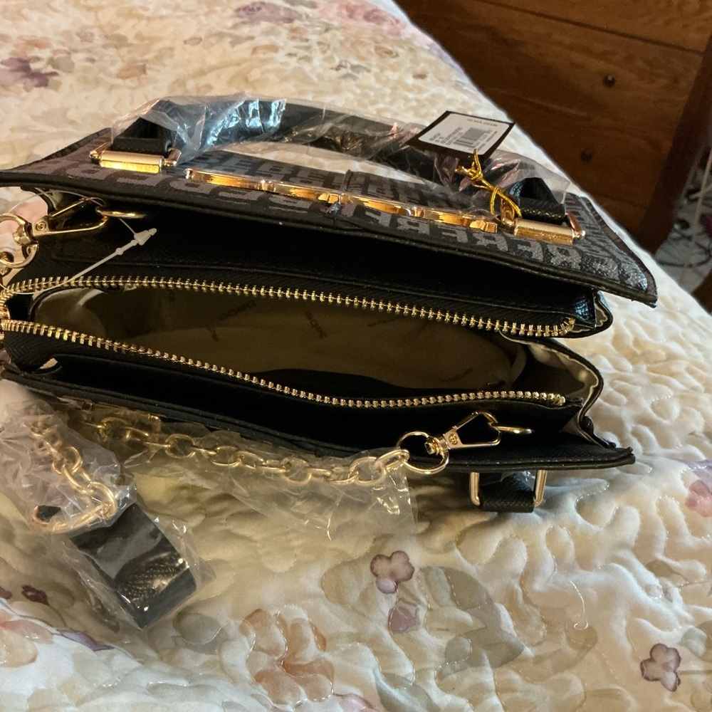 Bebe Gray/Black  Satchel with Monogram Pattern and Glossy Finish - Picture 9 of 12